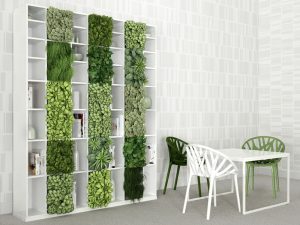 Jardín vertical ocupando los cuadrados vacíos de la estantería en un salón-comedor