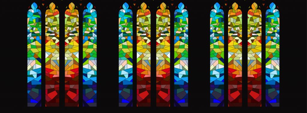 Vidriera de colores intensos con motivos naturales del estilo Art and Crafts