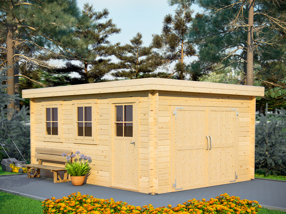 Cobertizo de madera grande con doble puerta.
