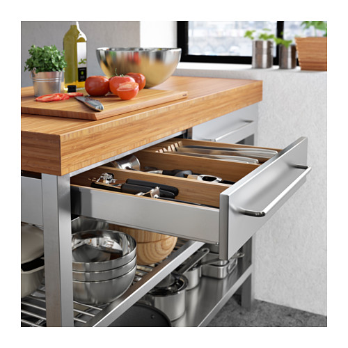 Mesa de trabajo RIMFORSA con encimera de madera y estructura de acero inoxidable.