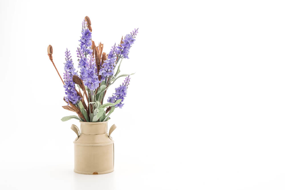 Jarrón con flores lilas.