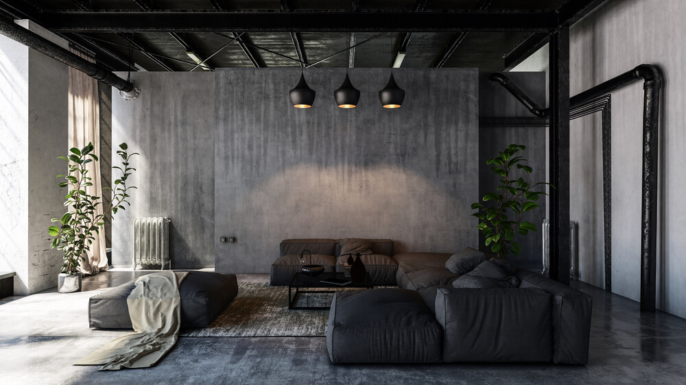Salón negro minimalista.