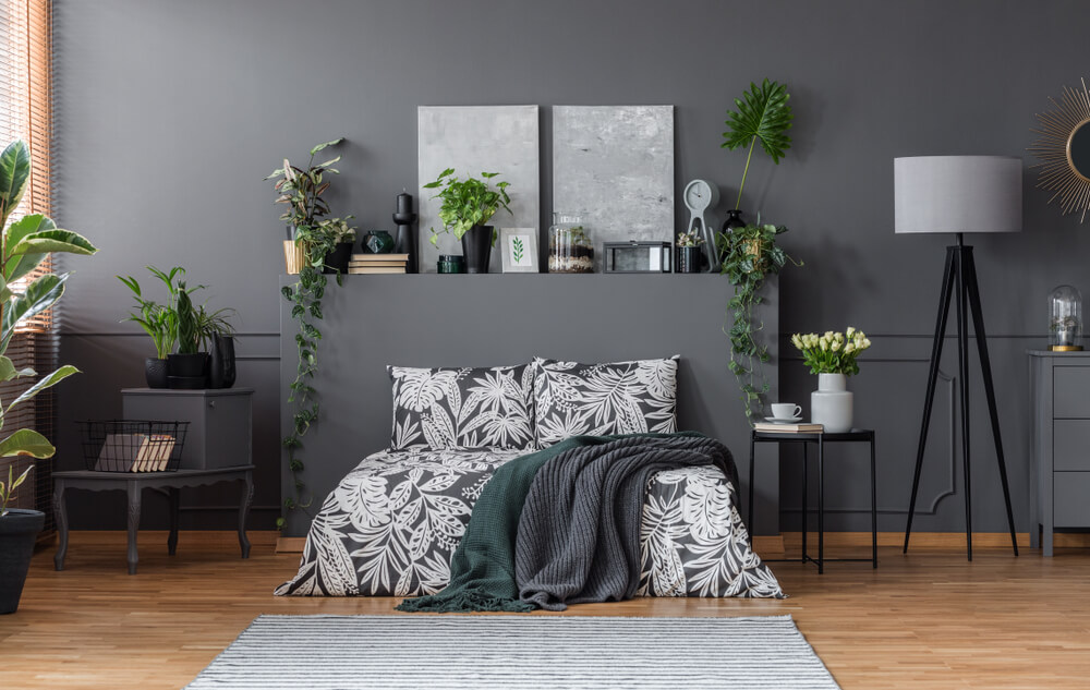 Cold gray bedroom.