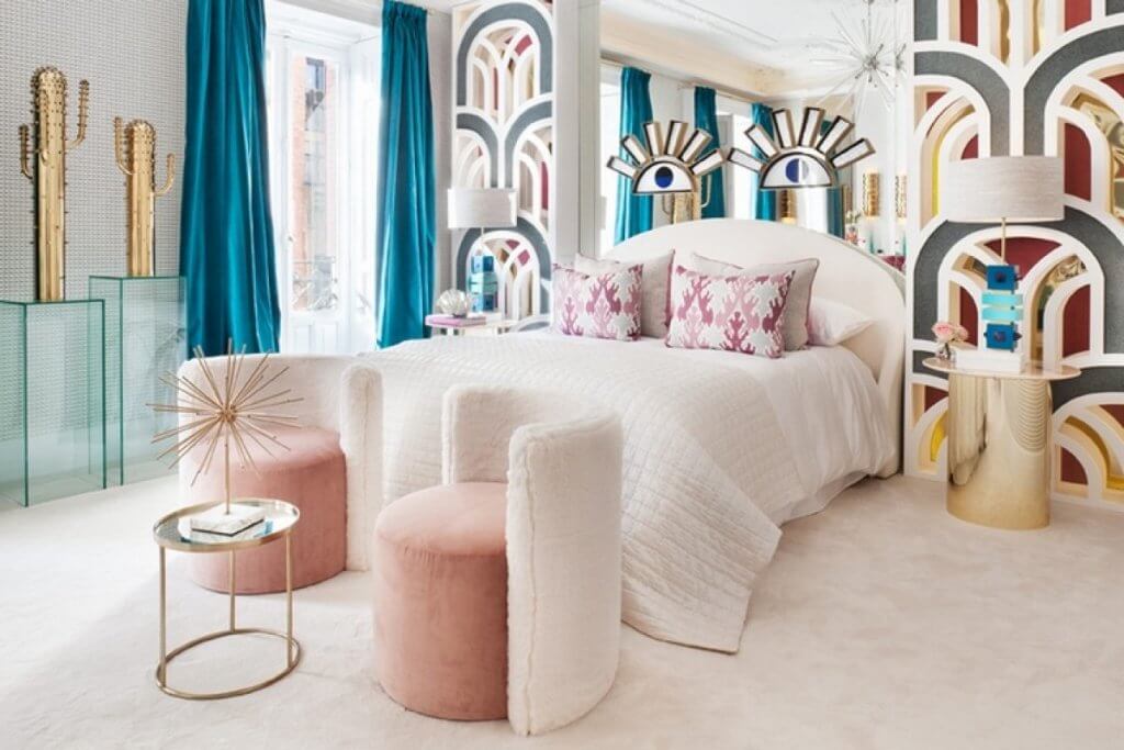 Colors and textures of an art deco bedroom.