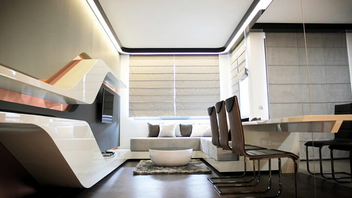 Decoración de un salón futurista.