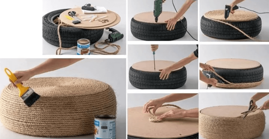 Taburete de rueda de coche y cuerda.