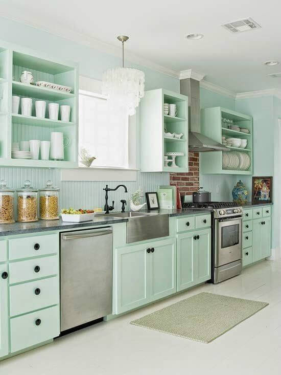 Cocina en color verde menta