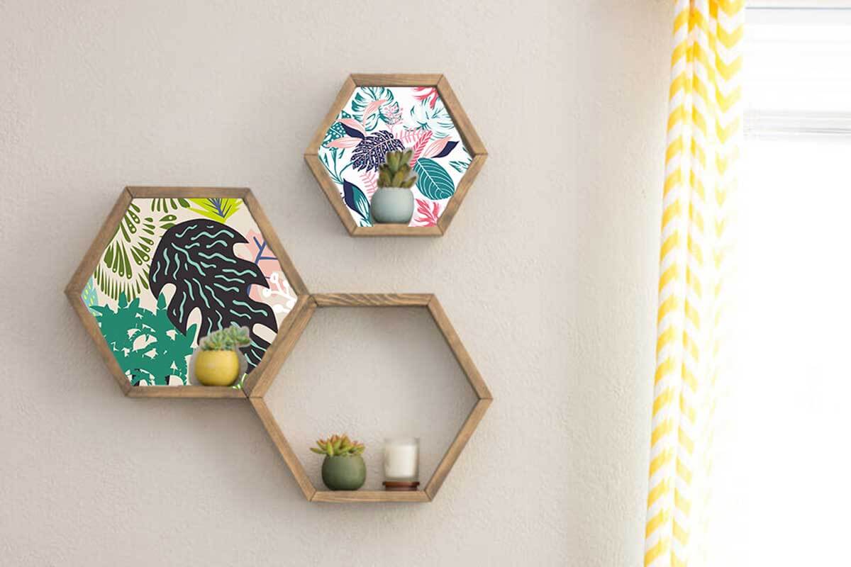 Floating shelves with wallpaper.